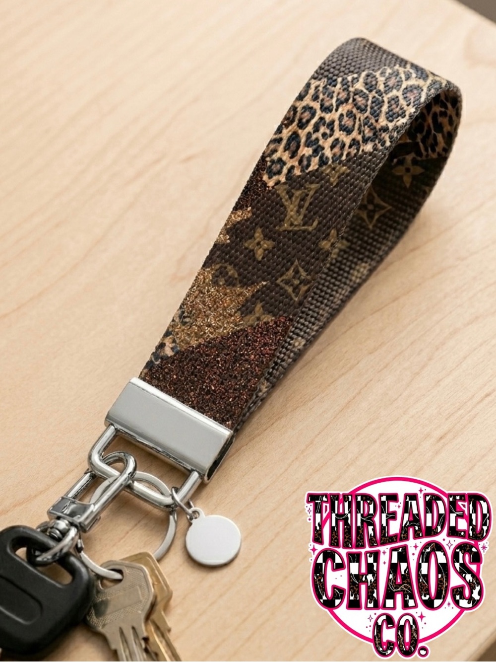Threaded Chaos Co. Brown Leopard Monogram Wristlet Key Fob